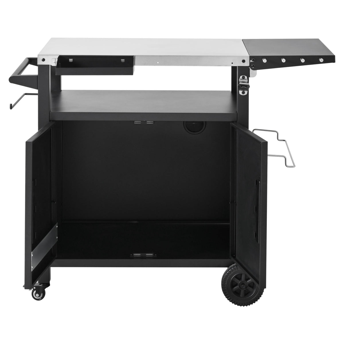 Roomfitters Grill Cart with Stainless Steel Top, Outdoor Kitchen Island, BBQ Prep Station with Trash Bag Holder and Hooks, Black