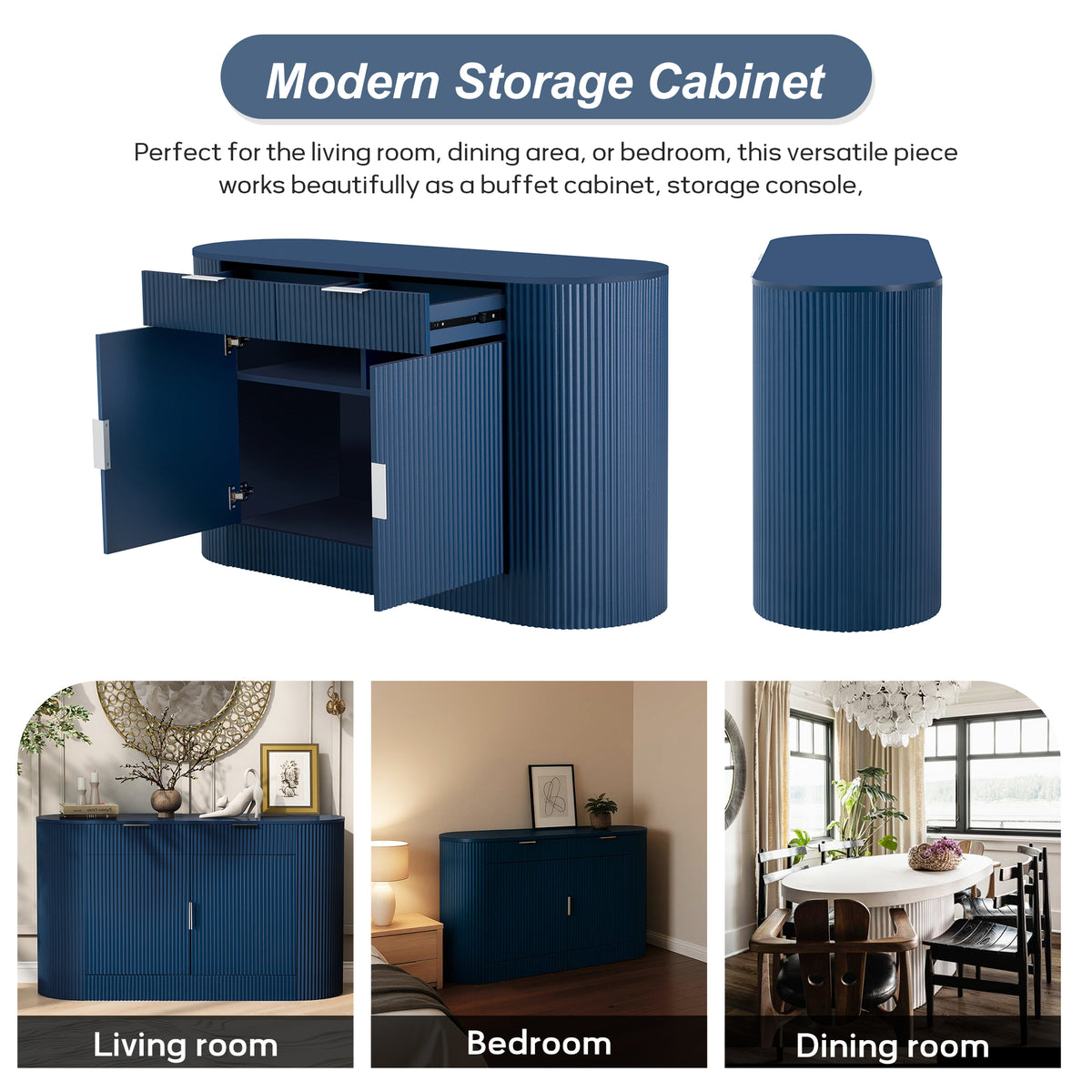 variant-group:rf-n711p345168v|Roomfitters 55.1" Oval Sideboard Buffet Cabinet with 2 Drawers & Wine Rack, Mid-century Modern Fluted Accent for Dining, Blue