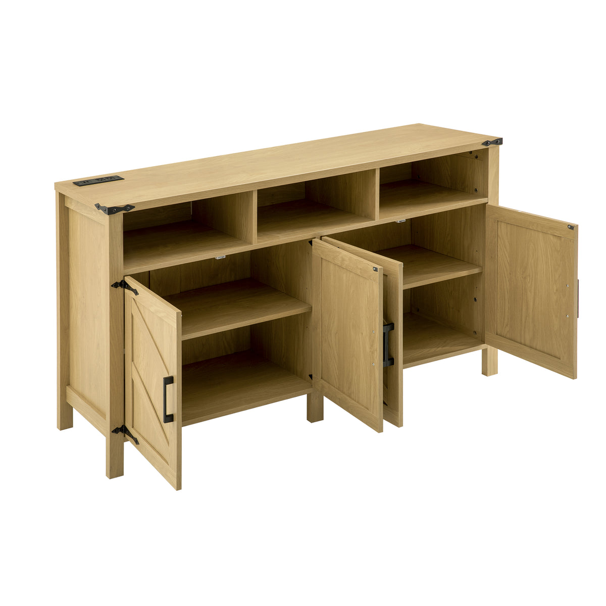 variant-group:rf-n711p347407o|Roomfitters 59" Sideboard Buffet Cabinet with 4 Door & Open Storage, Modern Farmhouse Industrial Coffee Bar Station, Natural