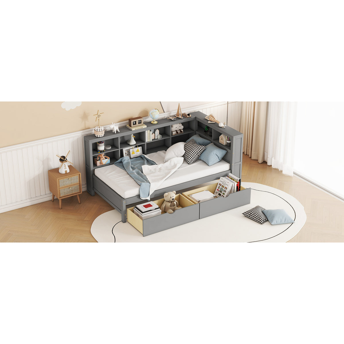 variant-group:rf-n733s347768e|Roomfitters Wooden Twin Daybed with Underbed Storage, Built-In Shelf & USB Charging Ports, Gray