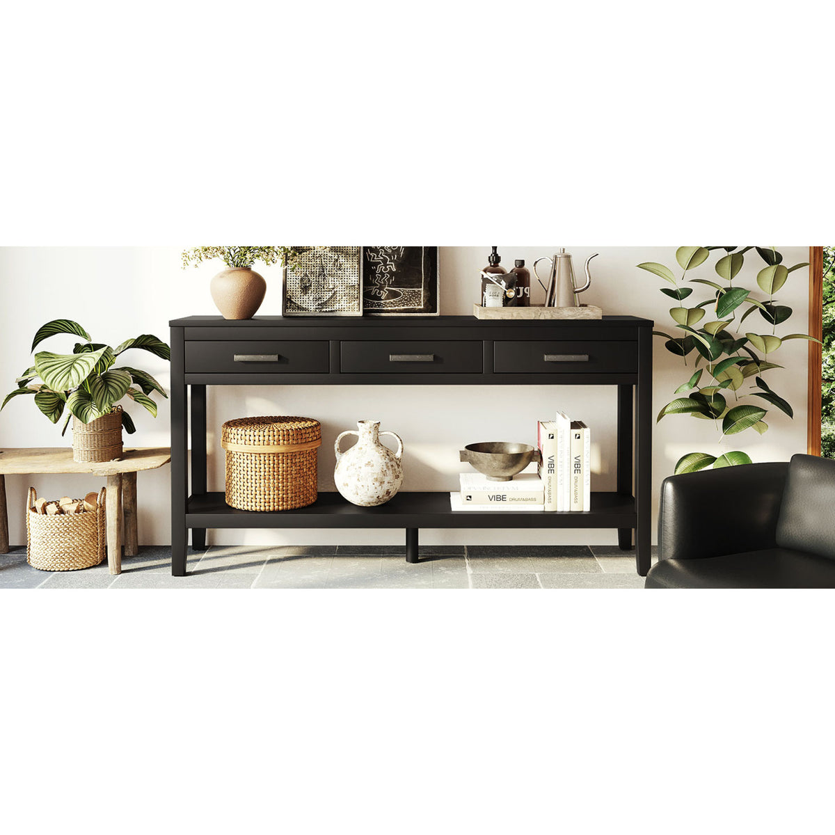 variant-group:rf-n711p410445b|Roomfitters 59.1" Farmhouse Entryway Table with 3 Drawers, Slim Console Sofa Table with Open Shelf for Hallway, Black