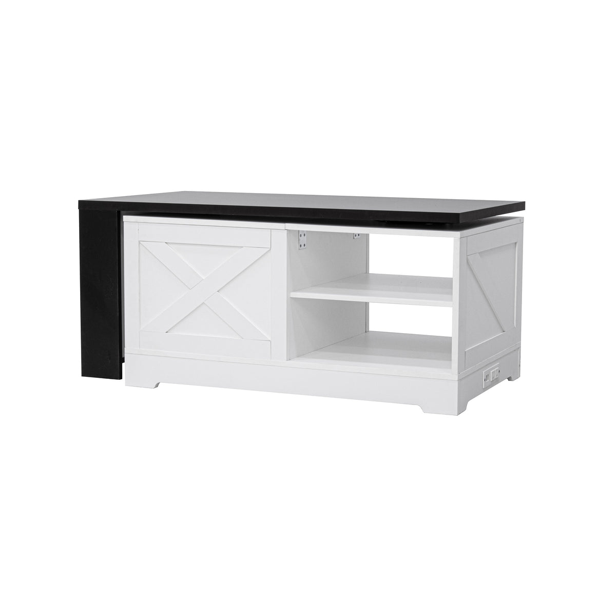 variant-group:rf-n724p351732k|Roomfitters Farmhouse Lift Top Coffee Table with Barn Doors and Outlets, White & Black