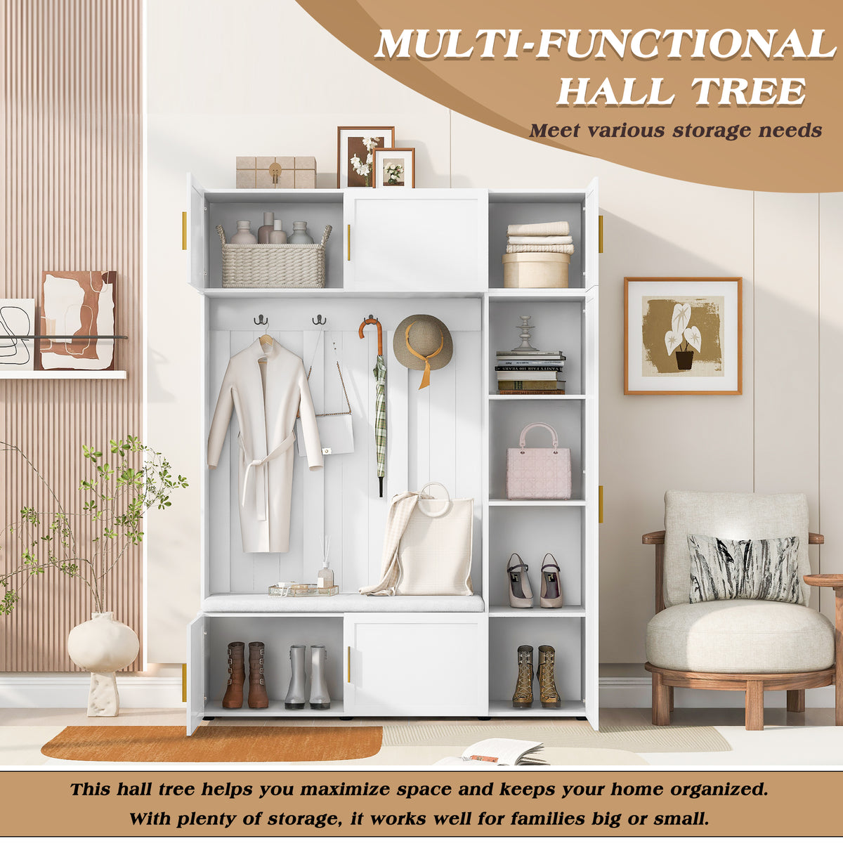 variant-group:rf-n724sj000166aak|Roomfitters American Style 4-in-1 Hall Tree, Upholstered Entryway Bench, Ancient White