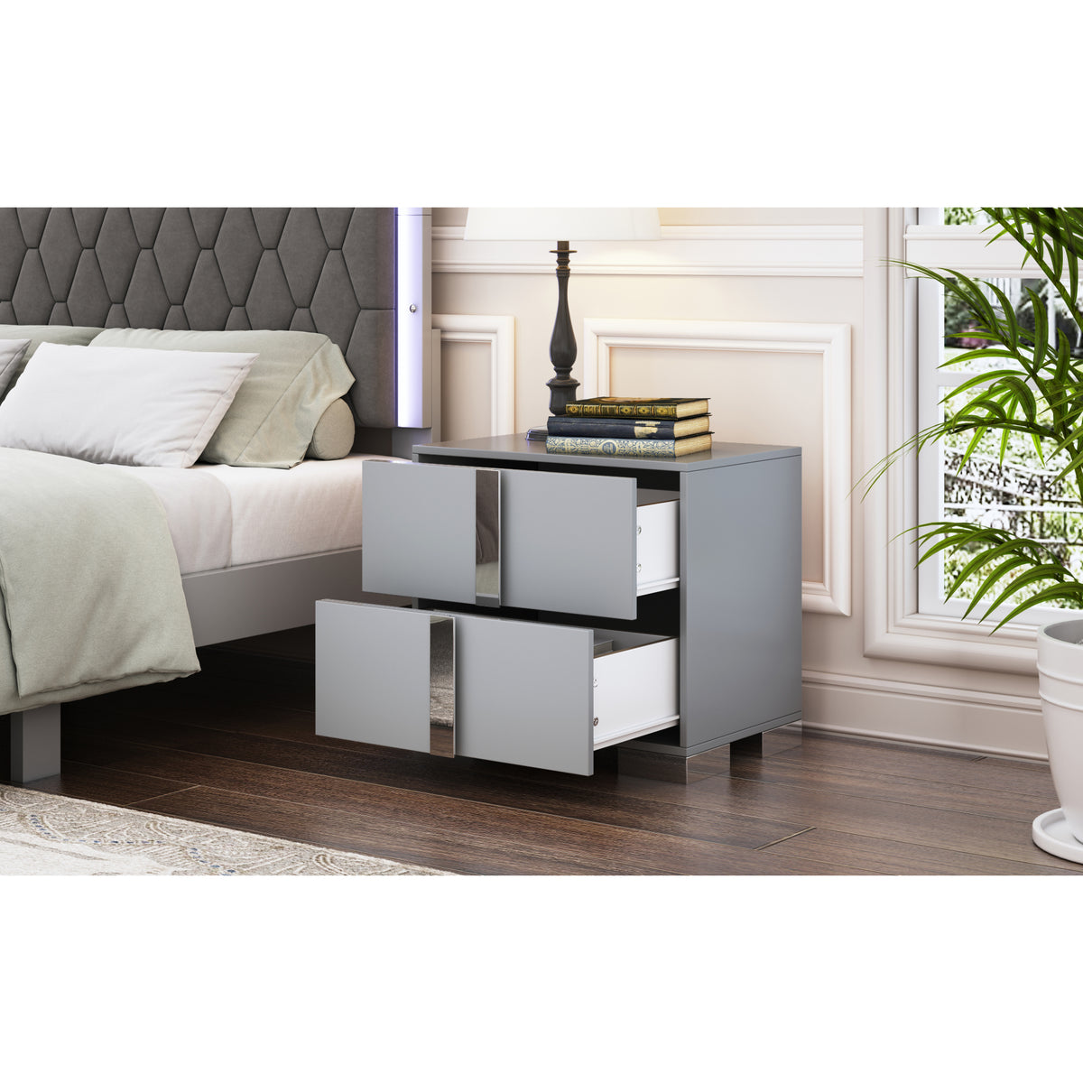 variant-group:rf-n733p307938g|Roomfitters Elegant Mirrored Nightstand with 2 Drawers and Metal Handle, Bedside Table for Bedroom or Living Room, Gray