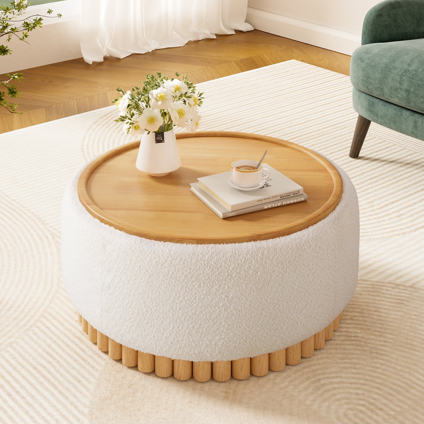 variant-group:rf-n723p405304a|Roomfitters 29 Inch Round Storage Ottoman with Reversible Wooden Tray Top, Upholstered Coffee Table for Living Room, Beige