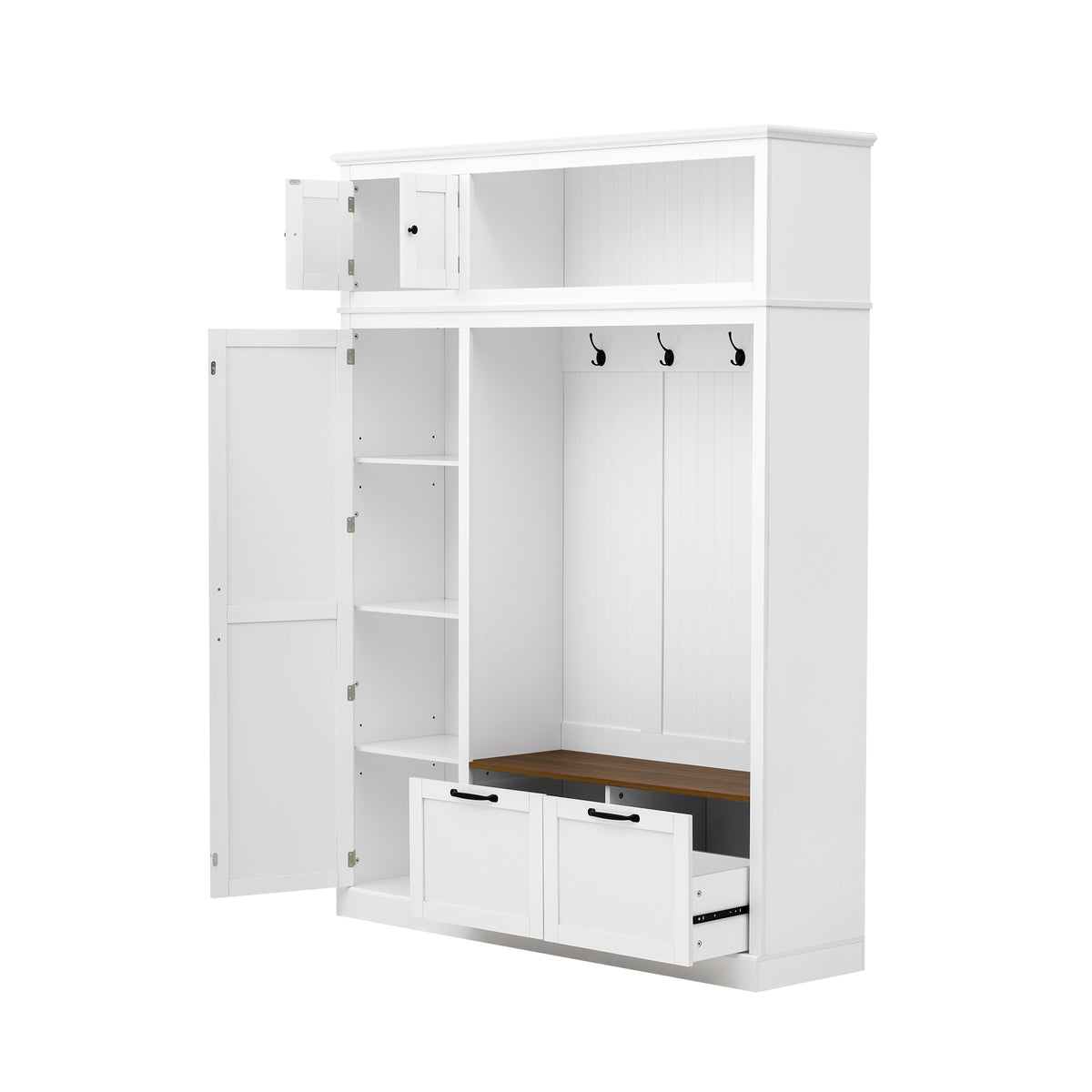 variant-group:rf-n724sj000160aak|Roomfitters 3-in-1 Entryway Hall Tree with Overhead Storage Cabinet, 2 Drawers, White