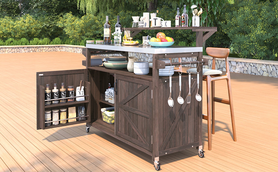 variant-group:rf-n707p250628z|Roomfitters 53.3" Outdoor Kitchen Island with Raised Shelf, Wood Storage Cabinet, Stainless Steel Top, Rolling Grill Cart, Brown
