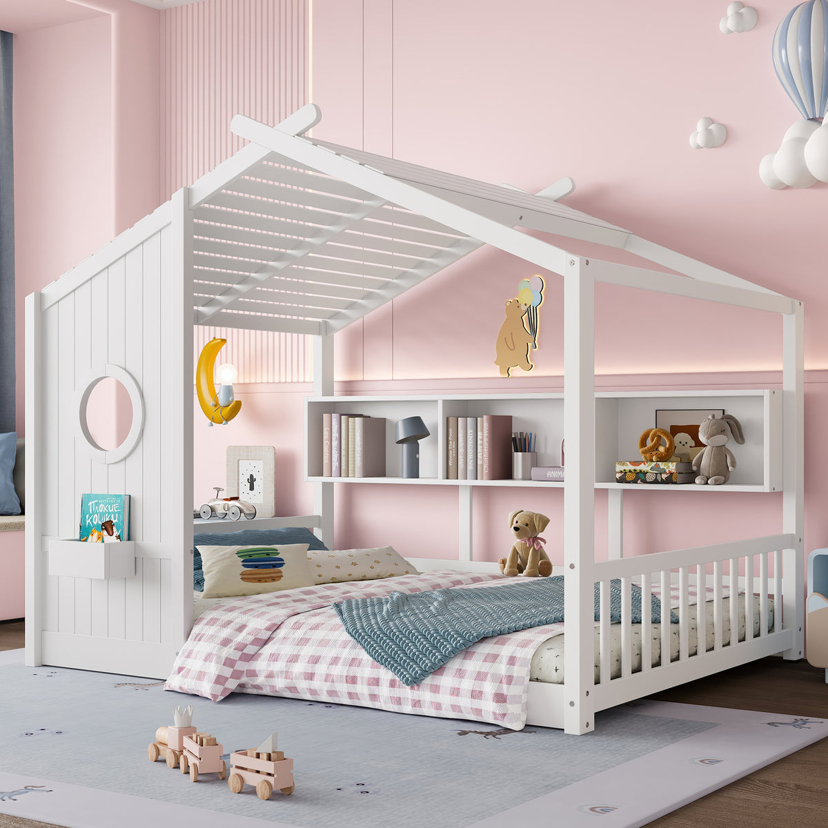variant-group:rf-n733p335068k|Roomfitters Full Size Floor House Bed with Storage Shelf and Roof Design, Montessori Playhouse Bed, White