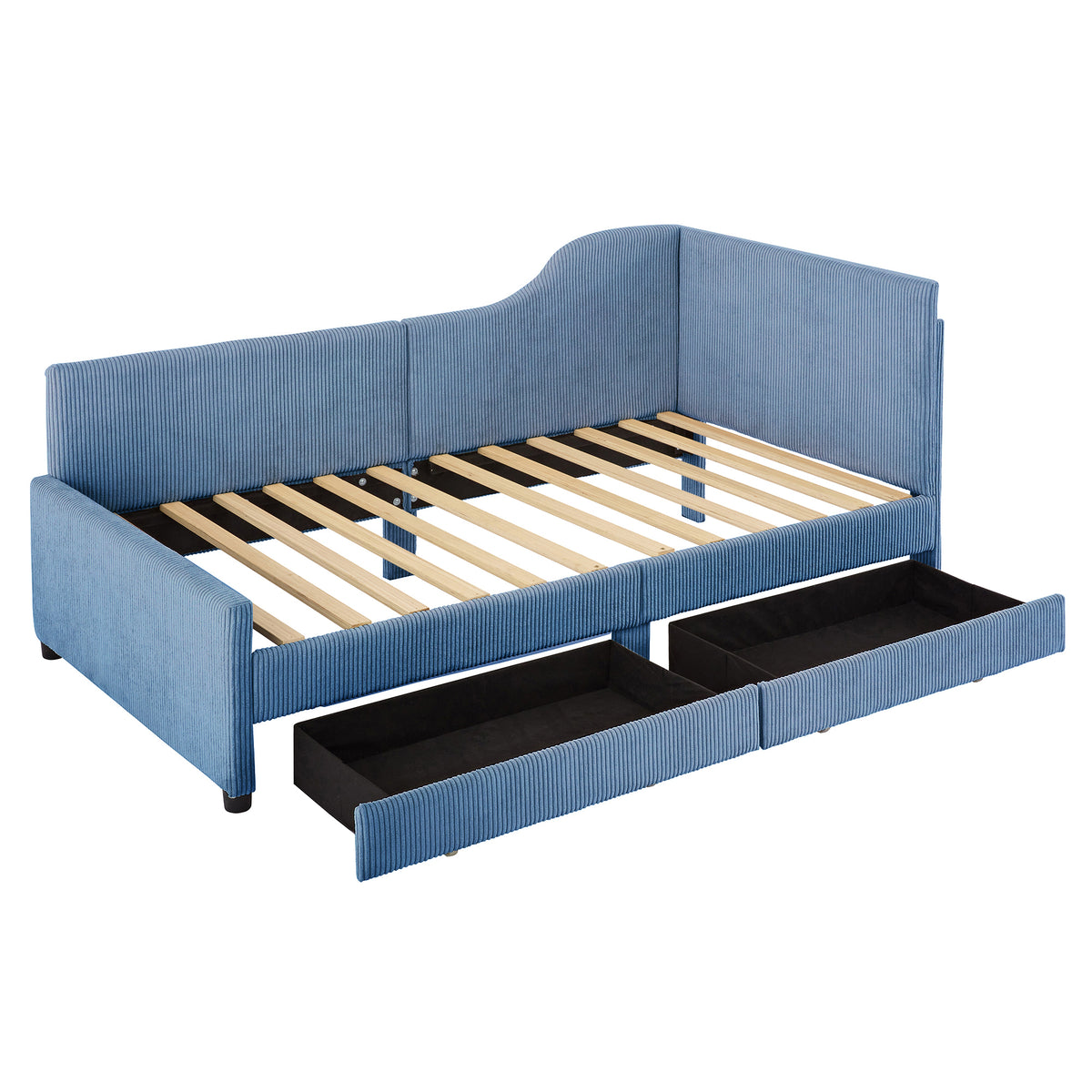 variant-group:rf-n733p171470c|Roomfitters Twin Size L-Shaped Corduroy Daybed, Upholstered Platform Bed Frame with 2 Spacious Storage Drawers for Functional Elegance, Blue