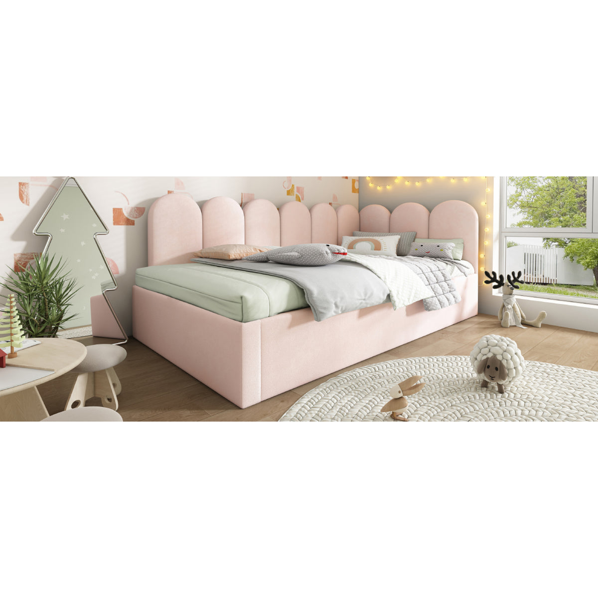 variant-group:rf-n736aa20362122p|Roomfitters Velvet Upholstered Twin Daybed with Pull Out Trundle, Sofa Bed with Metal Slat Frame, Pink