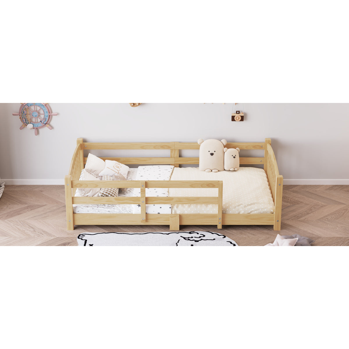 variant-group:rf-n733p400298n|Roomfitters Twin Montessori Floor Bed with Guardrails, Solid Wood Low Platform Bed with Slats, Easy Assembly, Natural