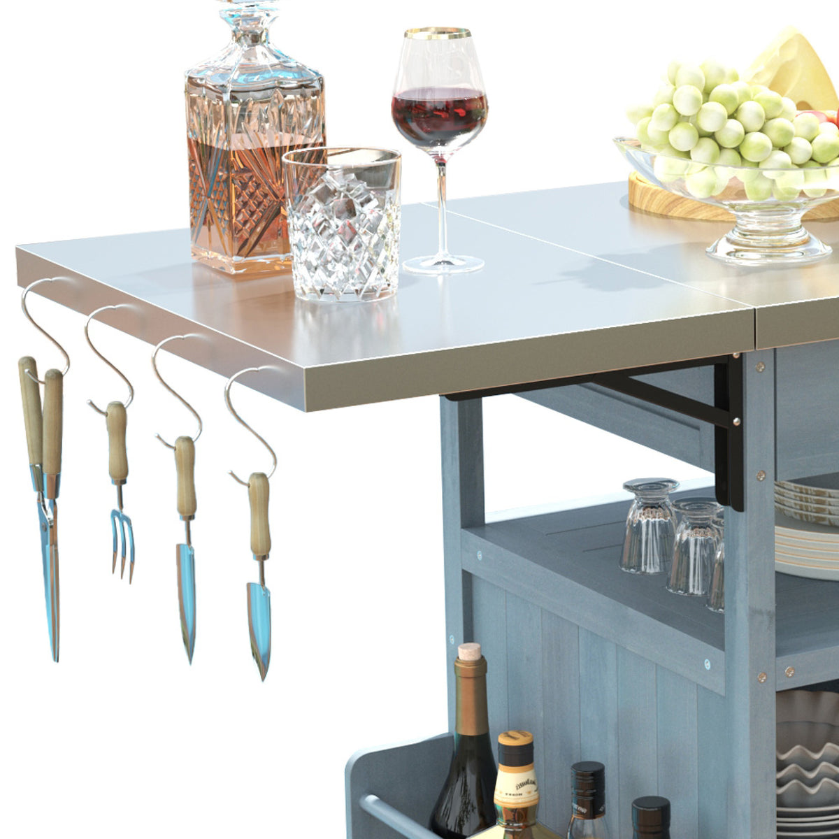 variant-group:rf-n707p228272g|Roomfitters 40.5" Outdoor Grill Cart with Stainless Steel Top, Wood Storage Cabinet, Drop Leaf, Rolling Cart, Blue Grey