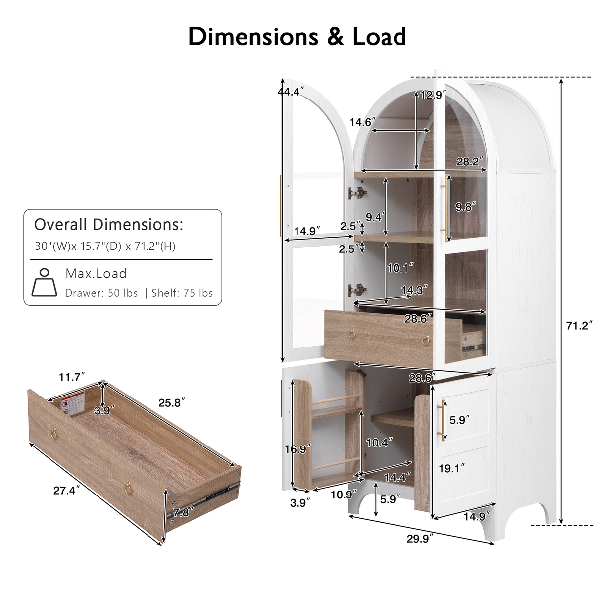 variant-group:rf-n707s288969w|Roomfitters 71" Pantry Cabinet with Arched Top & Glass Doors, 4-Door Storage Hutch with Adjustable Shelves for Kitchen, White