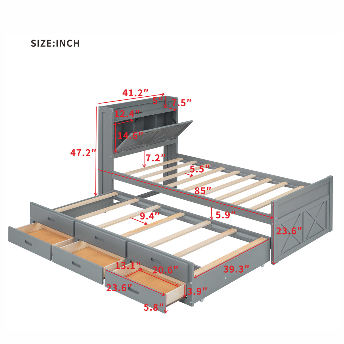 variant-group:rf-n733s172839e|Roomfitters Twin Size Wooden Bed with Storage Headboard, Convenient Outlets, Extendable Frame with Twin Trundle and Ample Storage, Gray