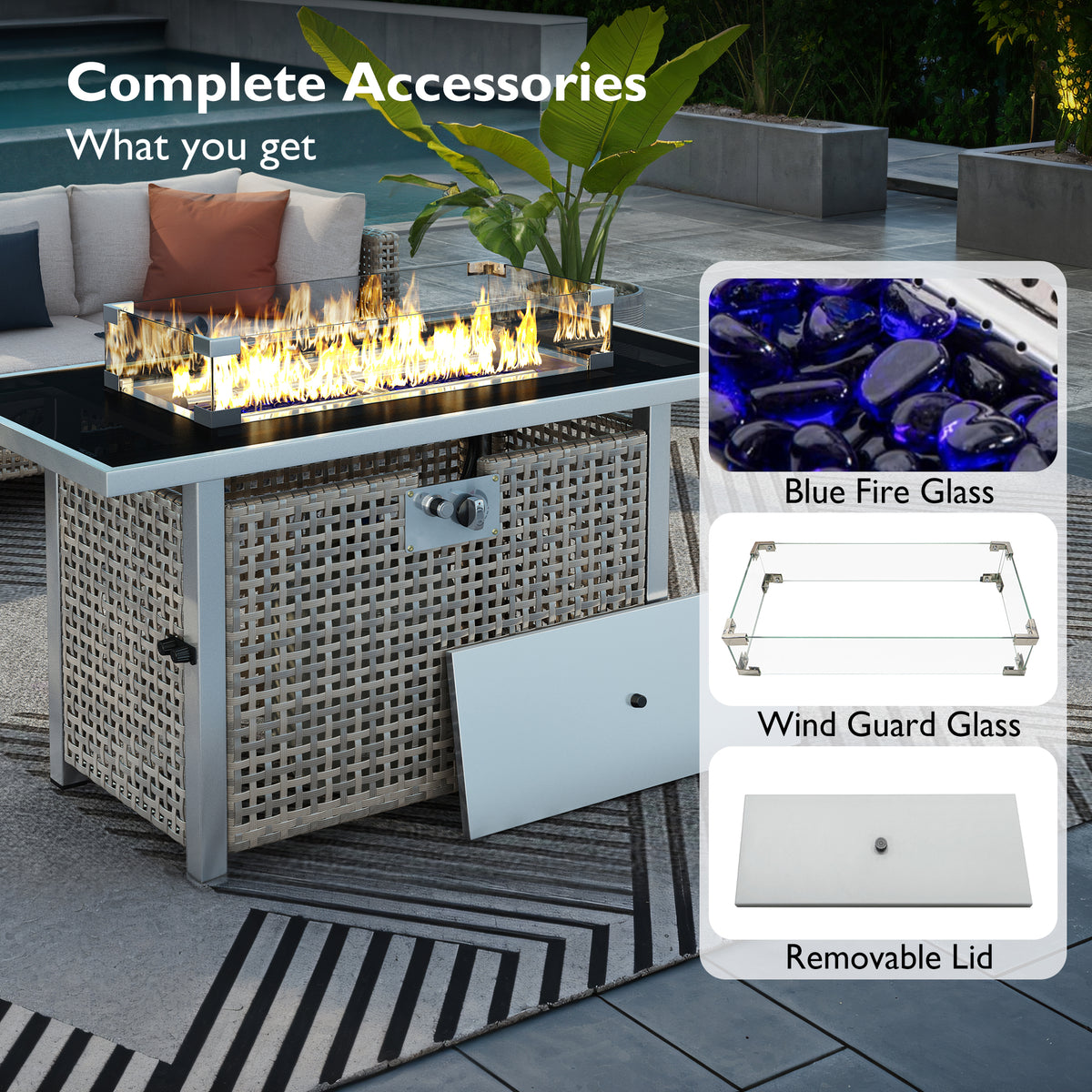 variant-group:rf-n707p210158g|Roomfitters 43" Propane Fire Pit Table, 60,000 BTU Rectangular Wicker Fire Pit with Glass Wind Guard for Patio, Grey