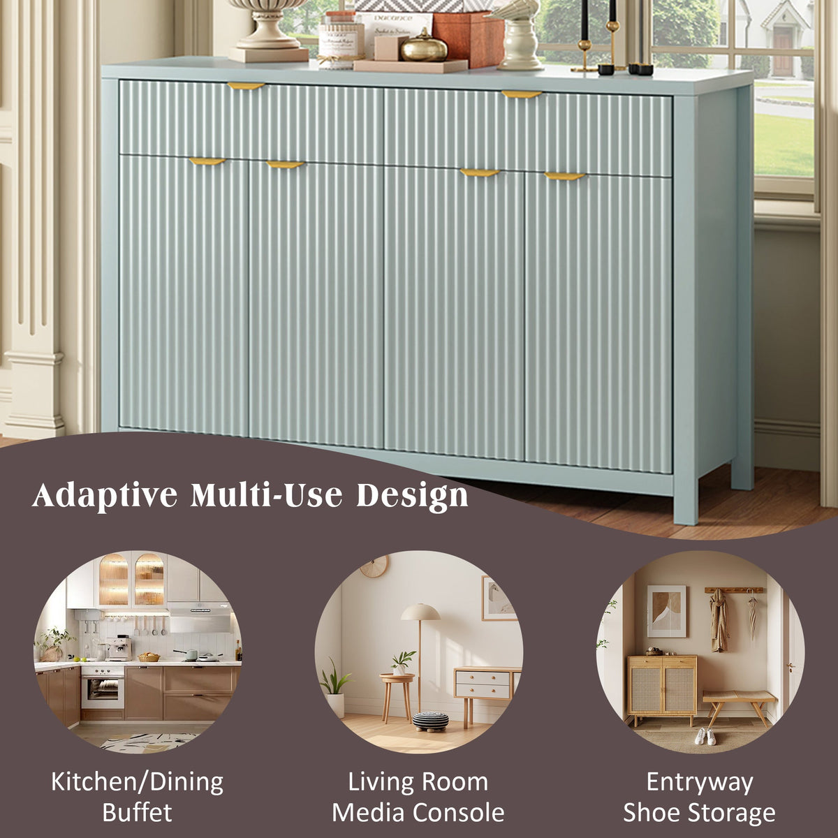 Roomfitters Sideboard Buffet Cabinet with 2 Drawers, 4 Door Mid-century Modern Fluted Storage for Kitchen & Dining Room, Cyan Roomfitters