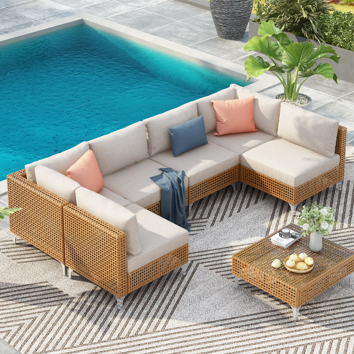 variant-group:rf-n707s000011z|Roomfitters 7-Piece Wicker Patio Furniture Set, Outdoor Sectional Sofa with Water-Resistant Cushions, Table, Natural