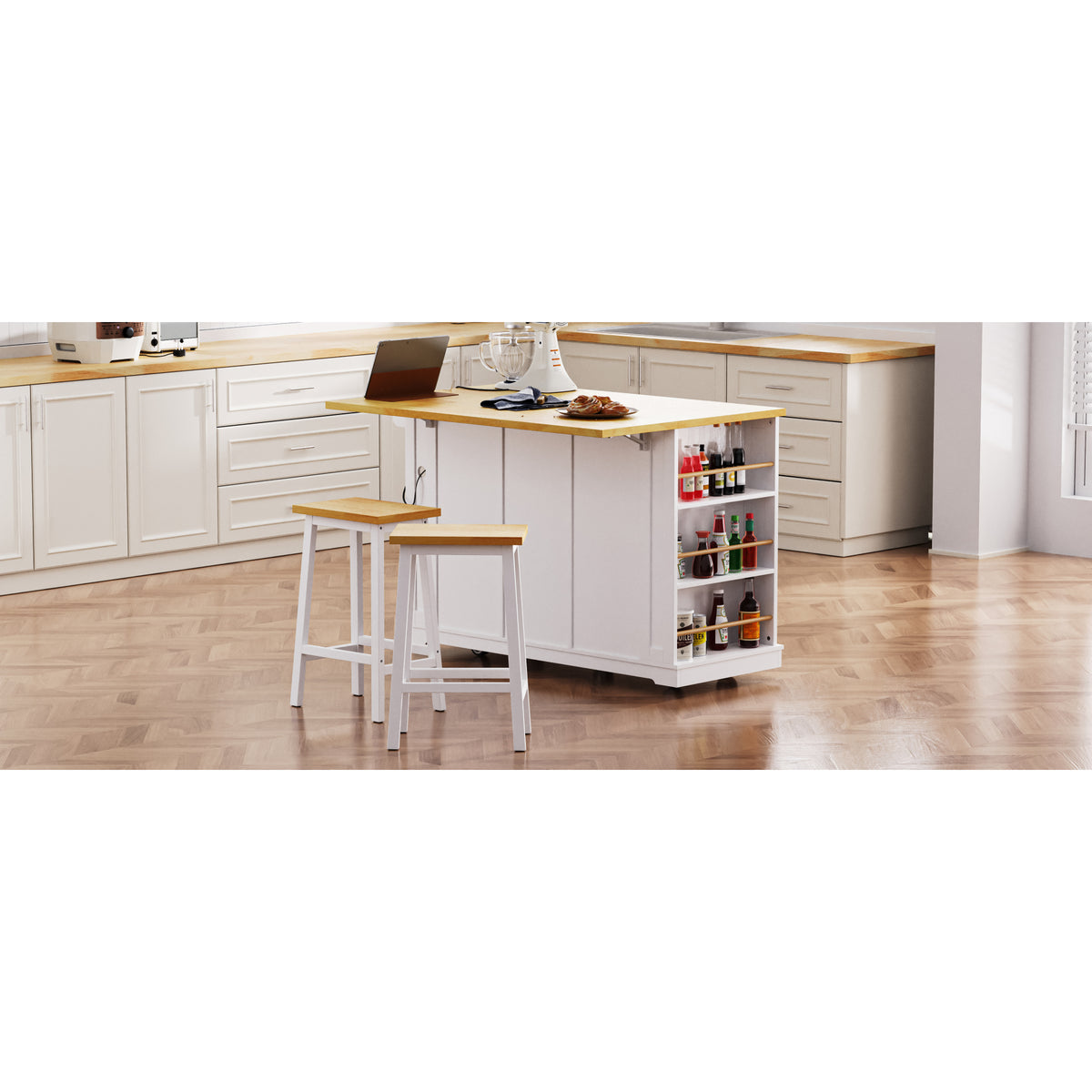 variant-group:rf-n707s003007w|Roomfitters 53" Kitchen Island with 2 Bar Stools, Drop Leaf, Power Outlet, Rolling Kitchen Cart Set with Storage, White