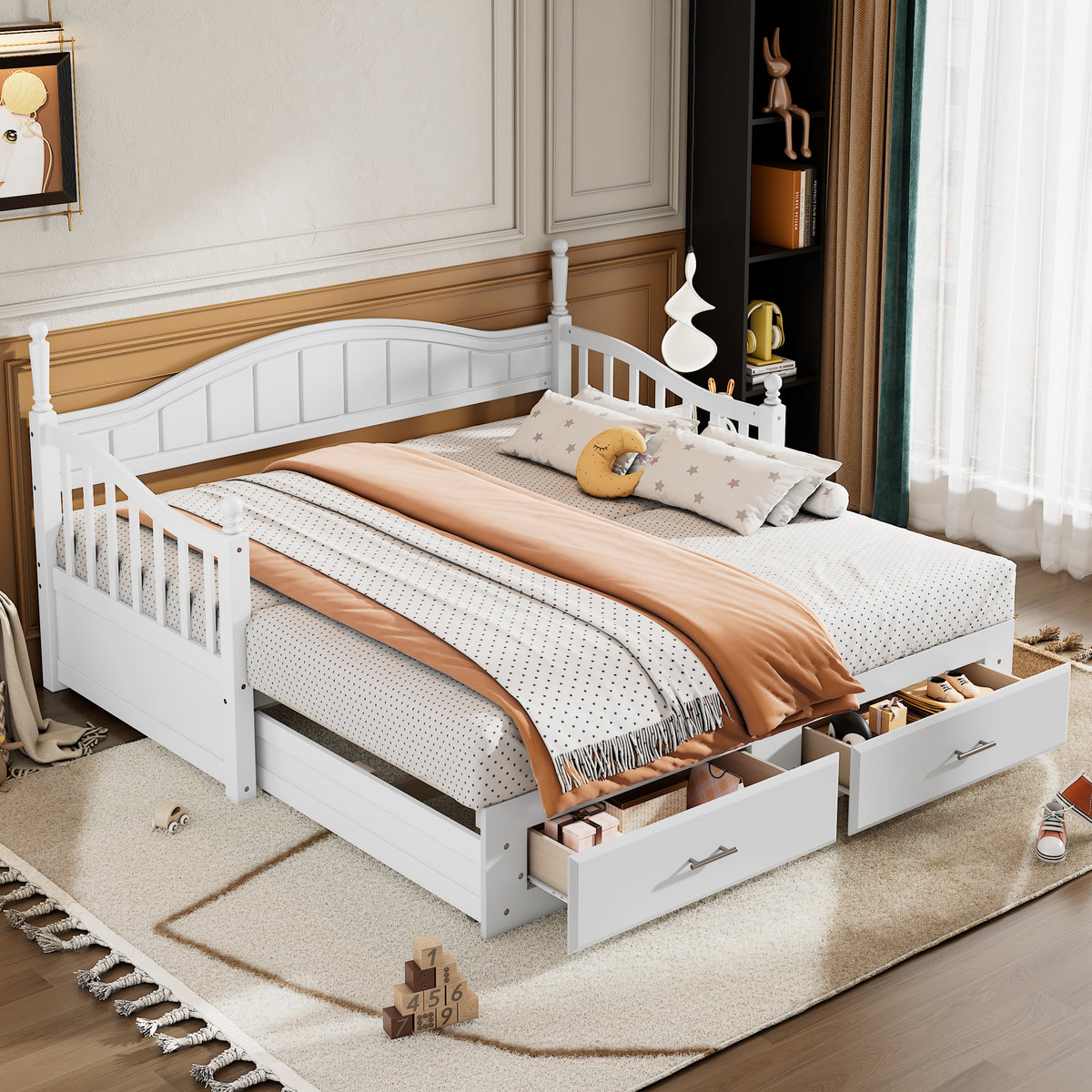 variant-group:rf-n733s173459k|Roomfitters Wooden Twin Size Daybed with Extendable Frame, Twin Trundle and Additional Storage Drawers, White