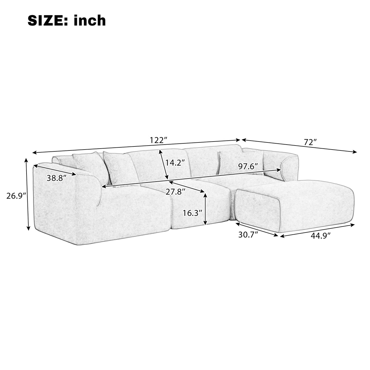 variant-group:rf-n711wy000464aae|Roomfitters Double-needle Cut Velvet Sofa, 4-Seater Modern Modular Sectional Couch with Movable Ottoman for Living Room, Gray