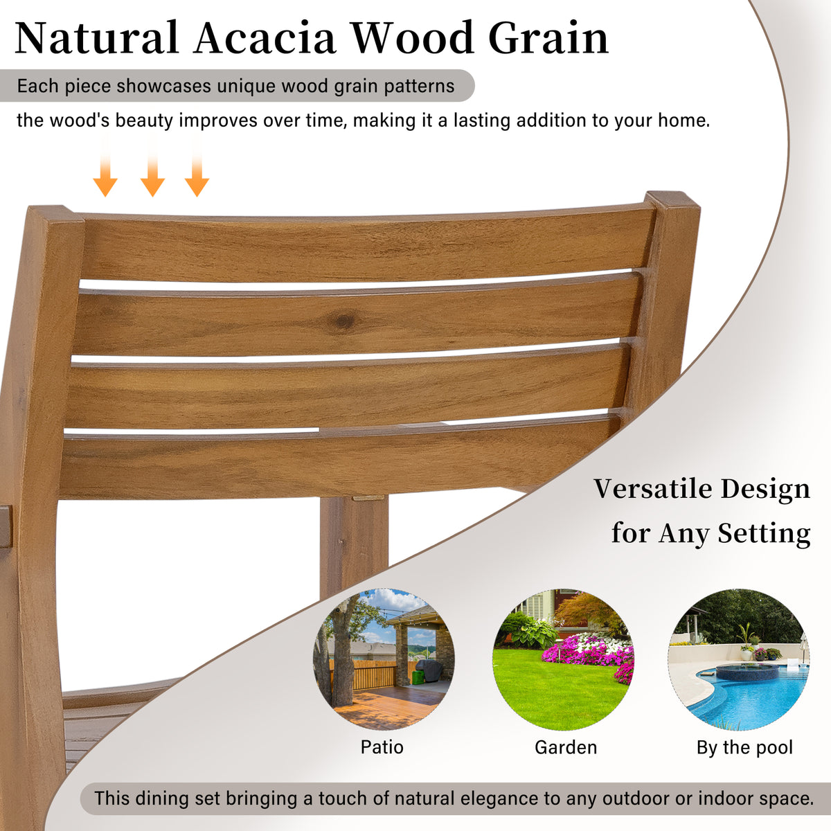 variant-group:rf-n711wy000475aao|Roomfitters 5-Piece Outdoor Dining Set for 4, 47.2-Inch Round Acacia Wood Table, Natural Brown Slatted Patio Group
