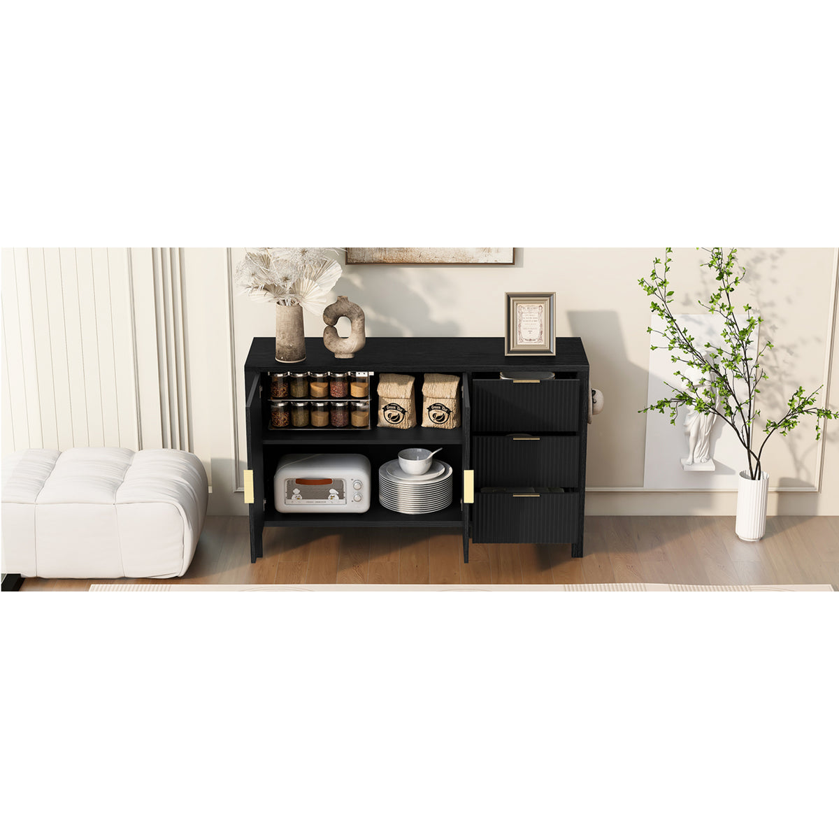 variant-group:rf-n711p345172b|Roomfitters Sideboard Buffet Cabinet with 3 Drawers, 2 Door Mid-century Fluted Accent Storage for Kitchen & Dining, Black