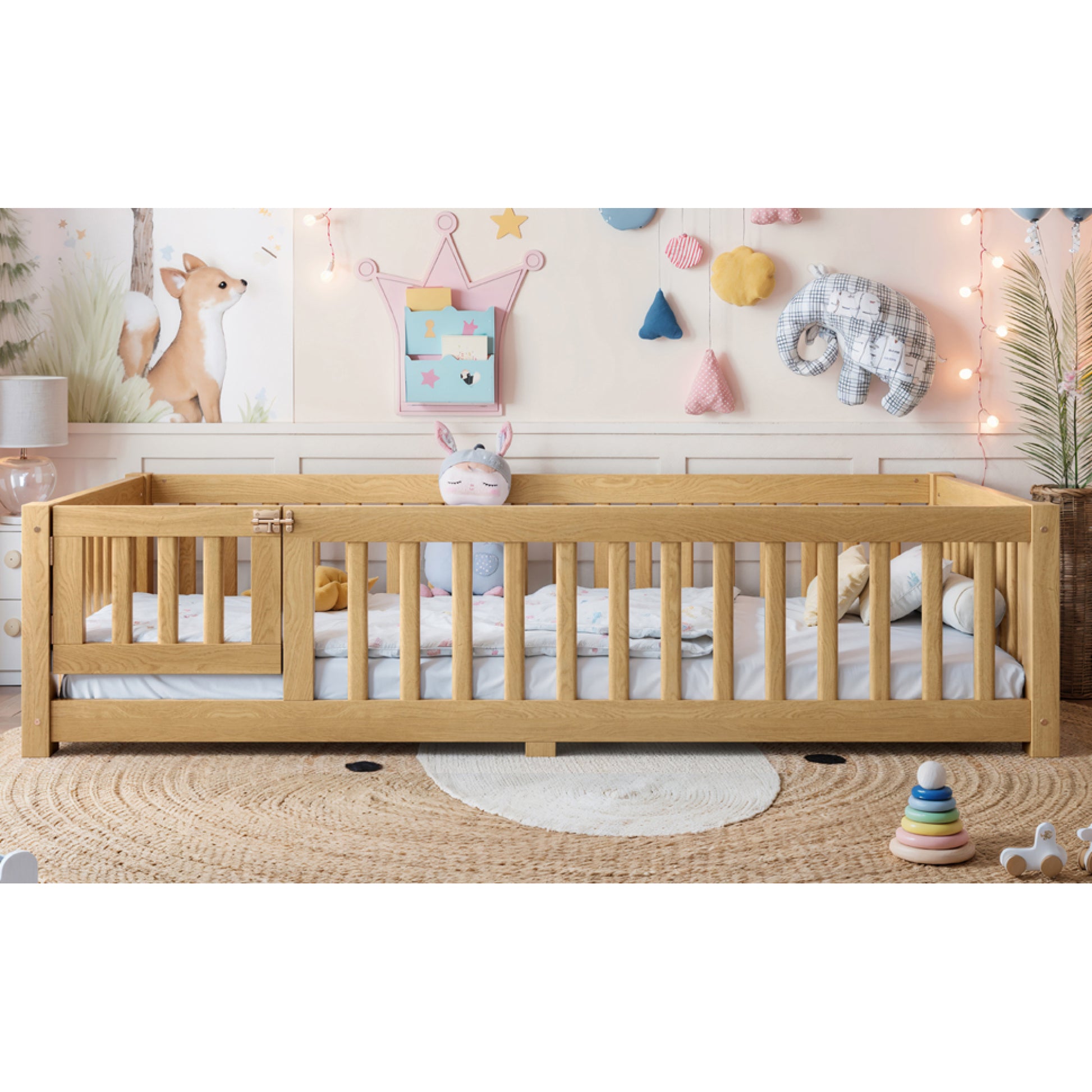 variant-group:rf-w1580p462314|Roomfitters Twin Size Wooden Floor Bed Frame with Safety Guardrails Door, Solid Wood Low Profile Toddler Play Bed, Natural