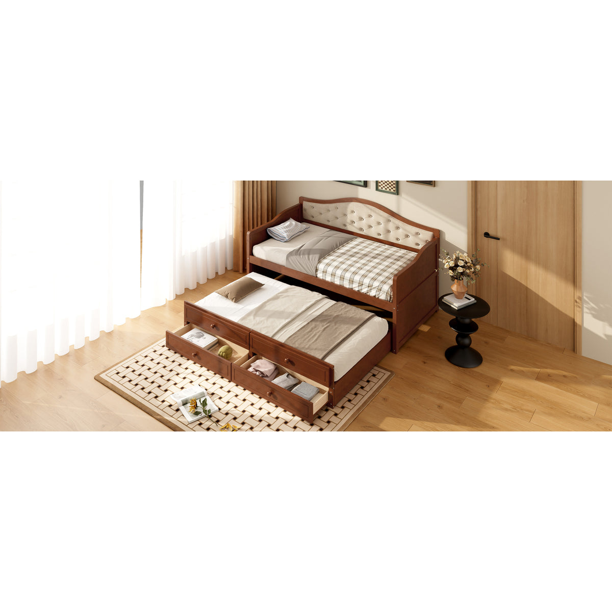 variant-group:rf-n733s346767d|Roomfitters Twin Daybed with Trundle, Wooden Sofa Bed with 2 Storage Drawers & Tufted Backrest, Walnut