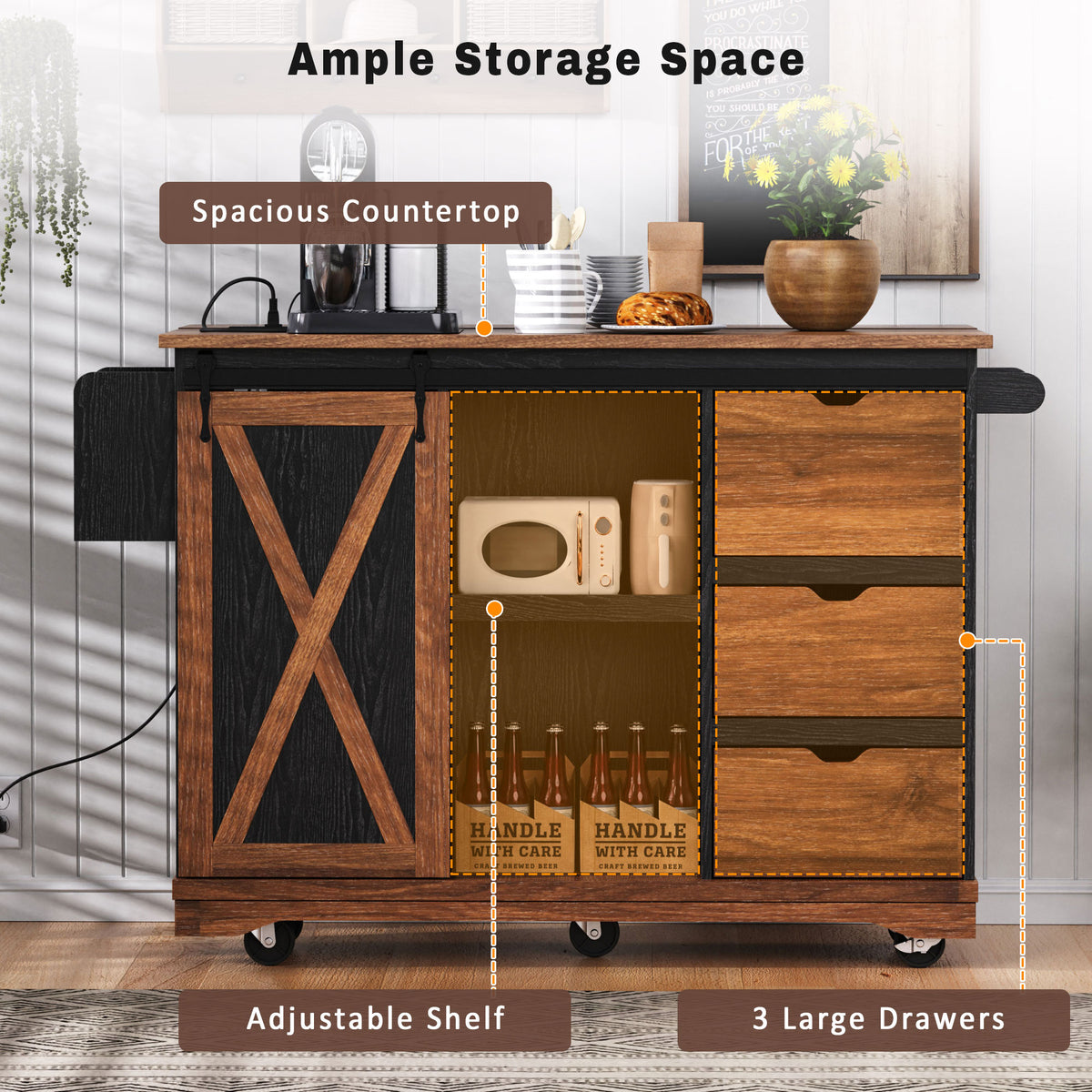 variant-group:rf-n707p288229b|Roomfitters 55.5" Rolling Kitchen Island with Drop Leaf, Mobile Kitchen Storage Cart with Sliding Barn Door, Power Outlets, Black