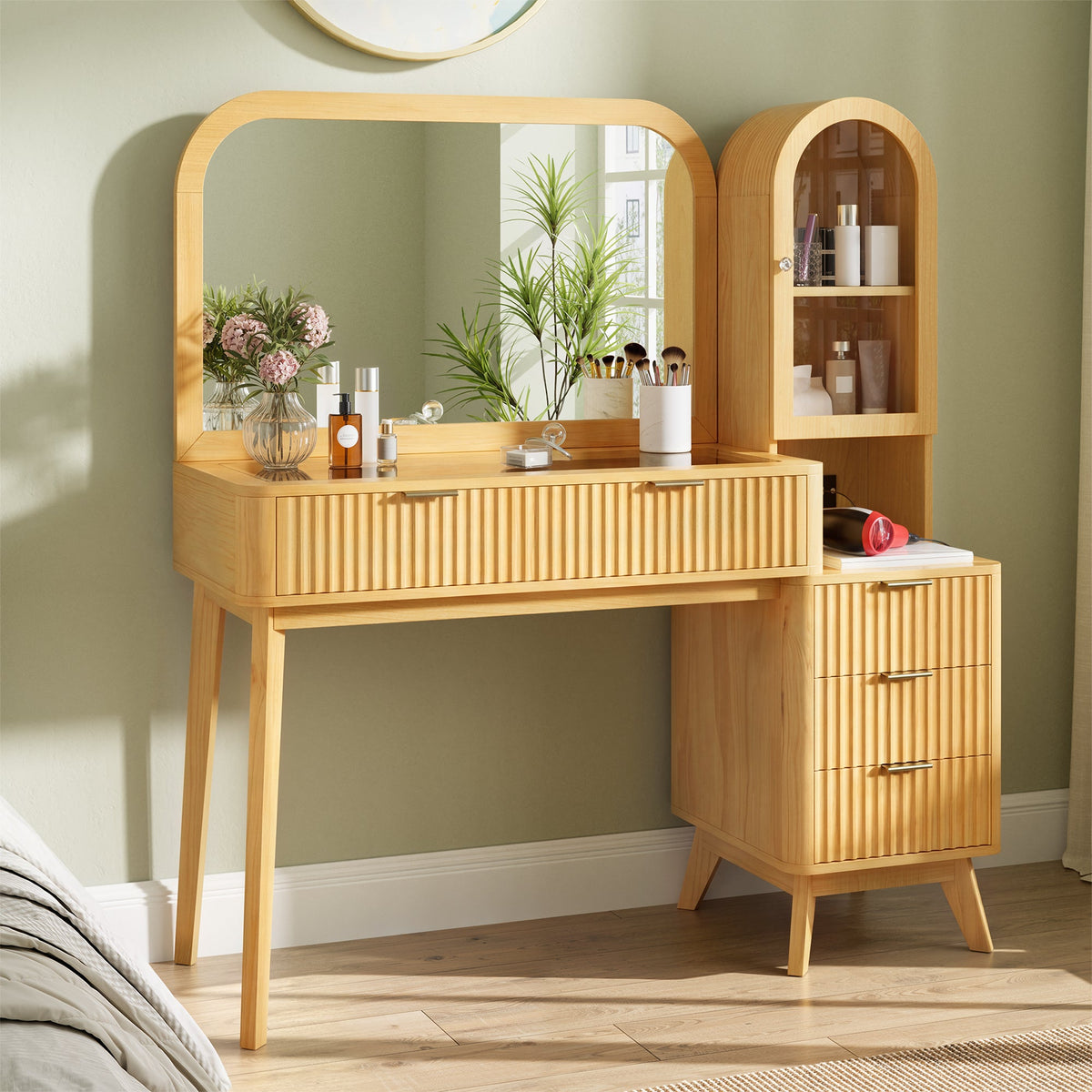 Roomfitters 48-Inch Fluted Makeup Vanity Desk with Arched Tower Glass Cabinet and Built-In Power Charging Station Natural Roomfitters