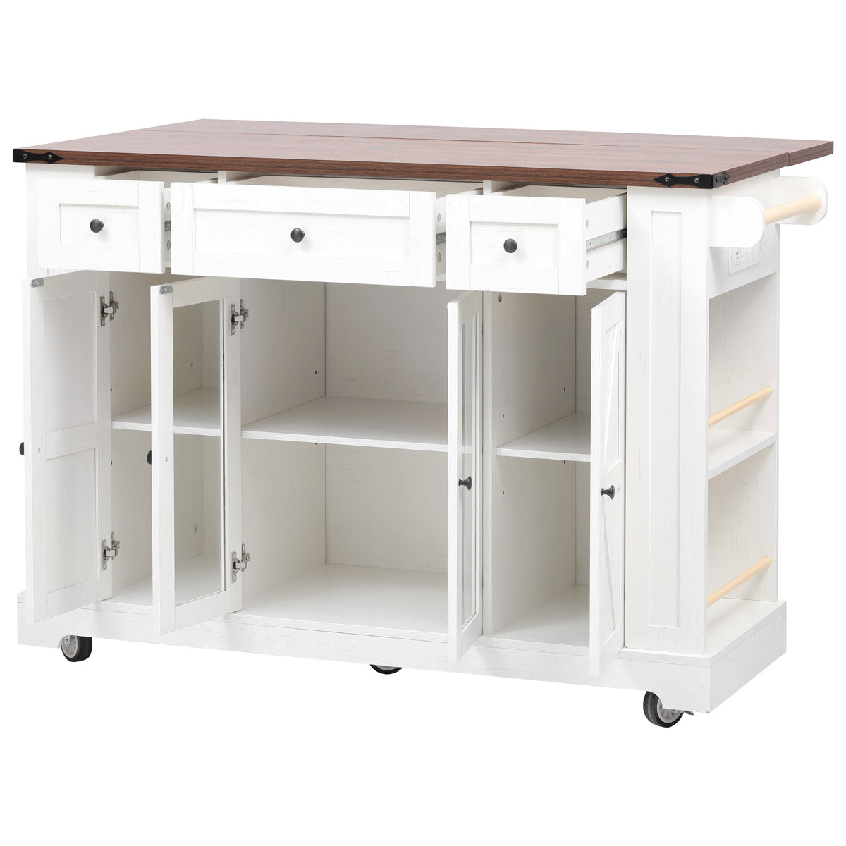 variant-group:rf-n707p263637w|Roomfitters 53" Rolling Kitchen Island with Drop Leaf, Mobile Cart with Glass Doors, 5 Side Shelves & Power Outlets, White