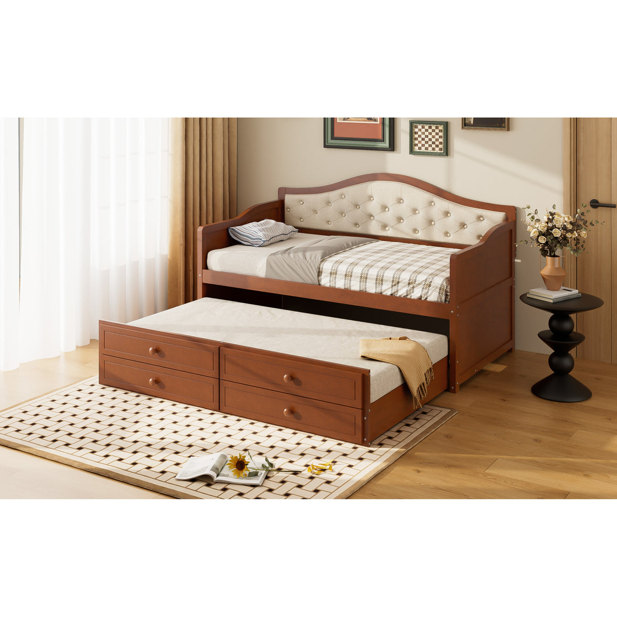 variant-group:rf-n733s346767d|Roomfitters Twin Daybed with Trundle, Wooden Sofa Bed with 2 Storage Drawers & Tufted Backrest, Walnut