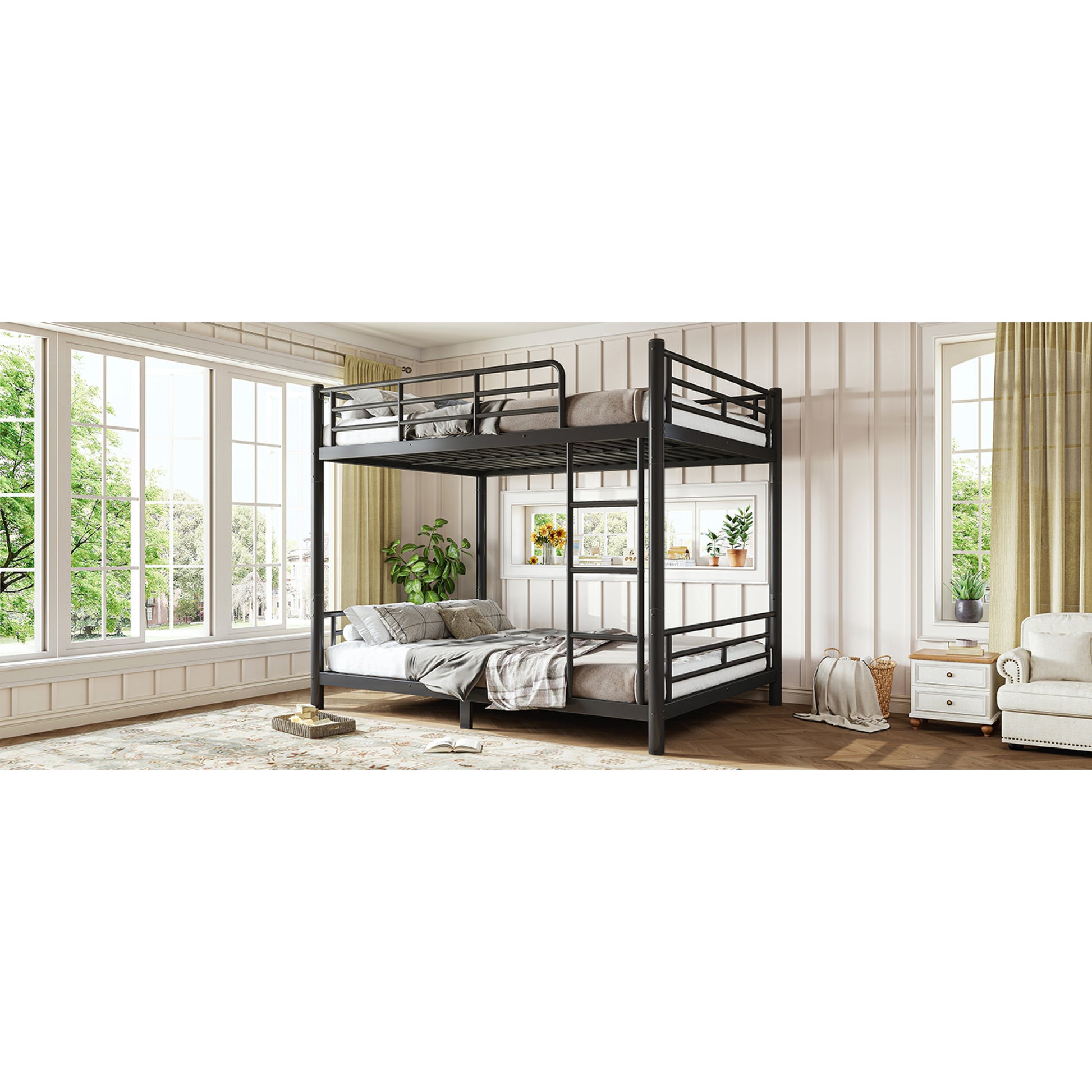 variant-group:rf-w1580p454730|Roomfitters Full over Full Metal Bunk Bed Frame for Teens Adults, Convertible 2 Separate Beds Round Tube, Black