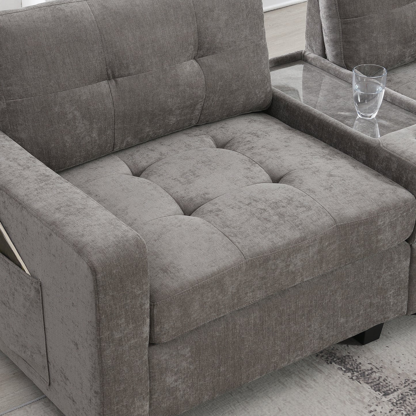 variant-group:rf-n723s1191e|Roomfitters 104 Inch Modular Sectional Sofa with Console and Cup Holders, Upholstered L-Shape Couch for Home Decor, Gray
