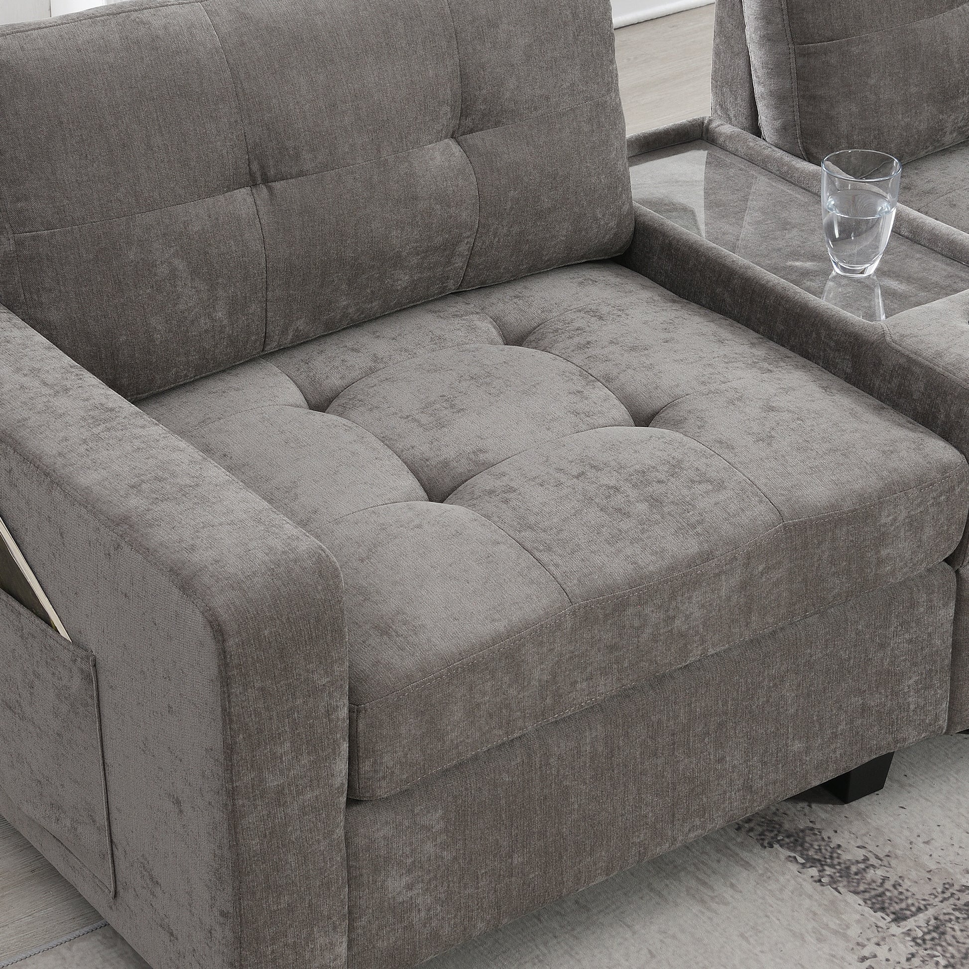 variant-group:rf-n723s1191e|Roomfitters 104 Inch Modular Sectional Sofa with Console and Cup Holders, Upholstered L-Shape Couch for Home Decor, Gray
