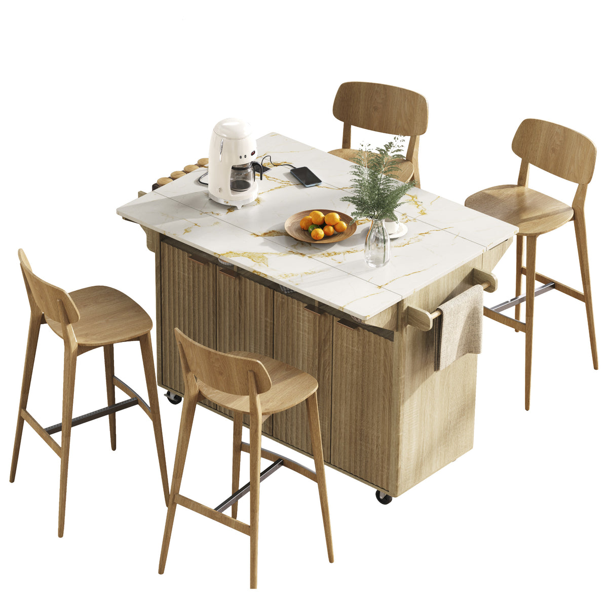 variant-group:rf-n707p353934y|Roomfitters 55.5" Fluted Kitchen Island with Double Drop Leaf, Natural Storage Cart with Power Outlet & Faux Marble Top
