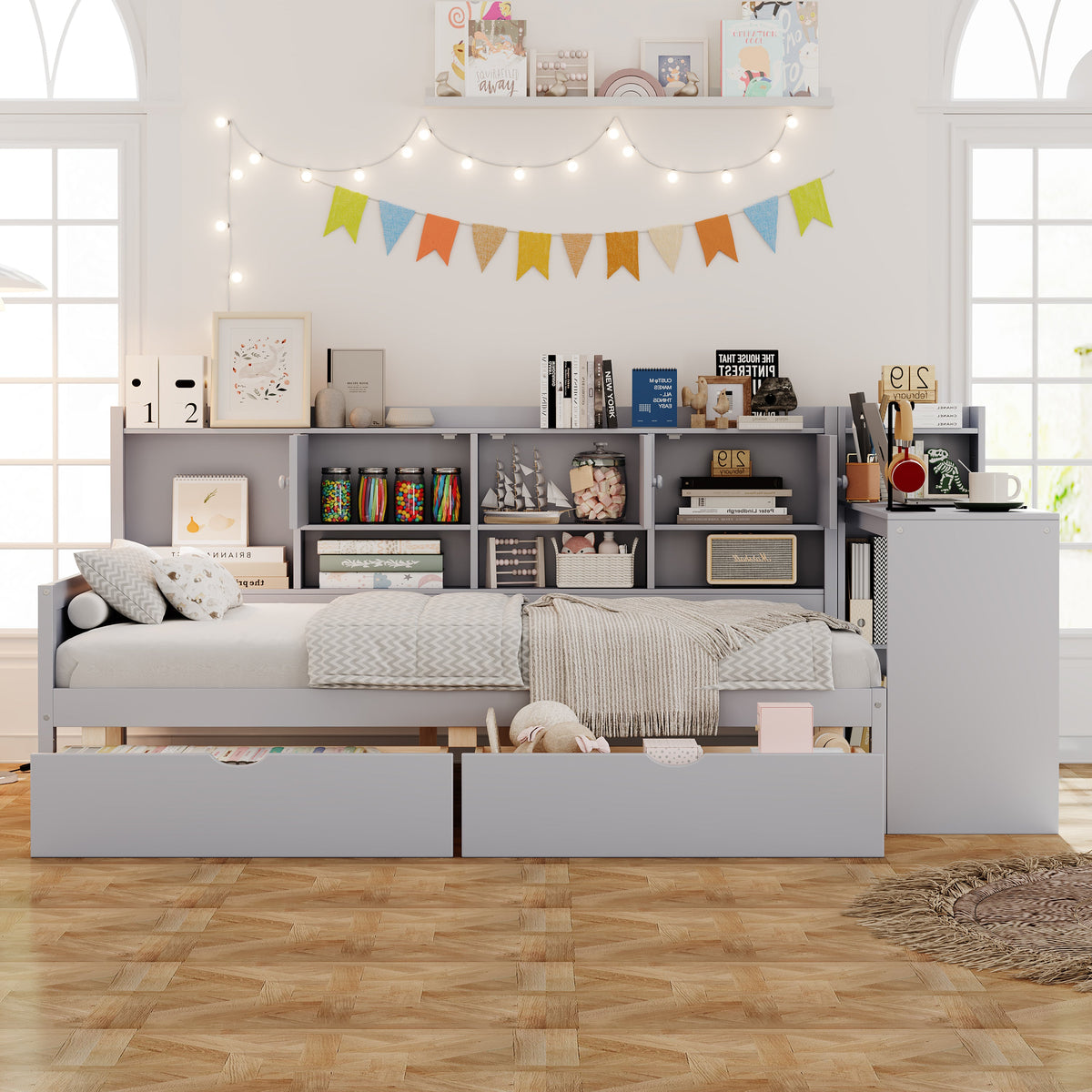Roomfitters Wooden L-Shape Daybed with Storage Cabinets, Study Desk, Built-In Bookshelf, Space-Saving Platform Bed, Gray