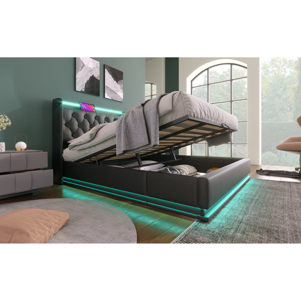 variant-group:rf-n736p188808b|Roomfitters King Size Upholstered Storage Bed with USB Type-C Charging and Remote Control, Faux Leather Black