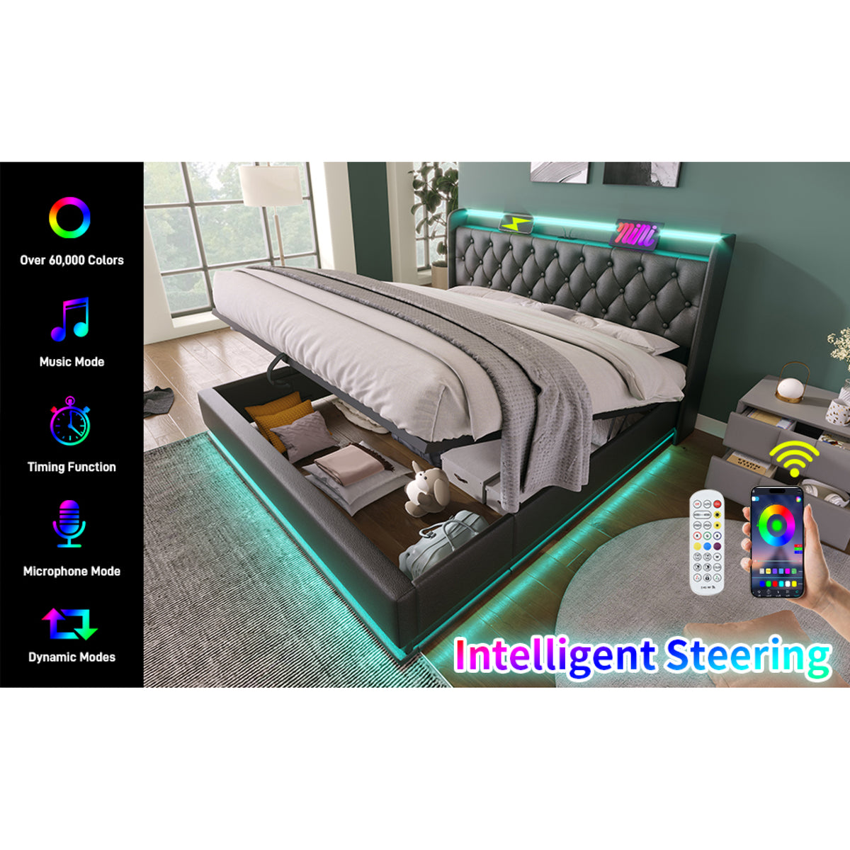 variant-group:rf-n736p188807b|Roomfitters Queen Size Upholstered Storage Bed with USB Type-C Charging and Remote Control, Faux Leather Black
