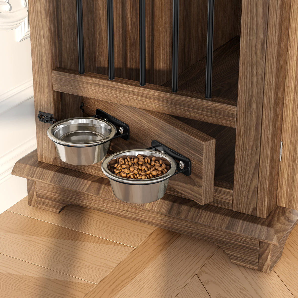 variant-group:rf-n704p379112d|Roomfitters 44-Inch Decorative Dog Crate Furniture Indoor Wooden Kennel End Table with 360 Rotating Bowls Brown