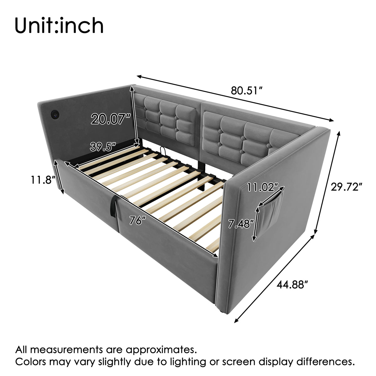 variant-group:rf-n736p303402g|Roomfitters Upholstered Twin Size Daybed with Storage, USB & Type-C Charging, Tufted Sofa Back, Velvet Gray