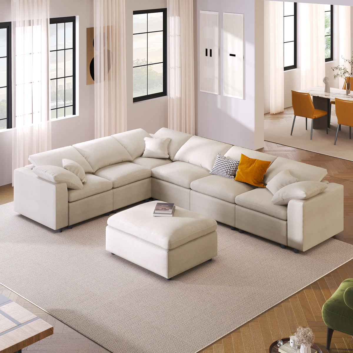 variant-group:rf-n711wy000453aaa|Roomfitters 7-Seater Modular Sectional Sofa with Ottoman, Extra Large L-Shape Chenille Upholstered Couch, Beige