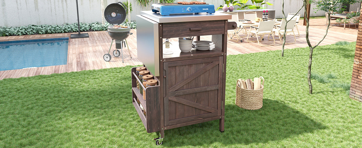 variant-group:rf-n707p228272z|Roomfitters 40.5" Outdoor Grill Cart with Stainless Steel Top, Wood Storage Cabinet, Drop Leaf, Rolling Cart, Brown