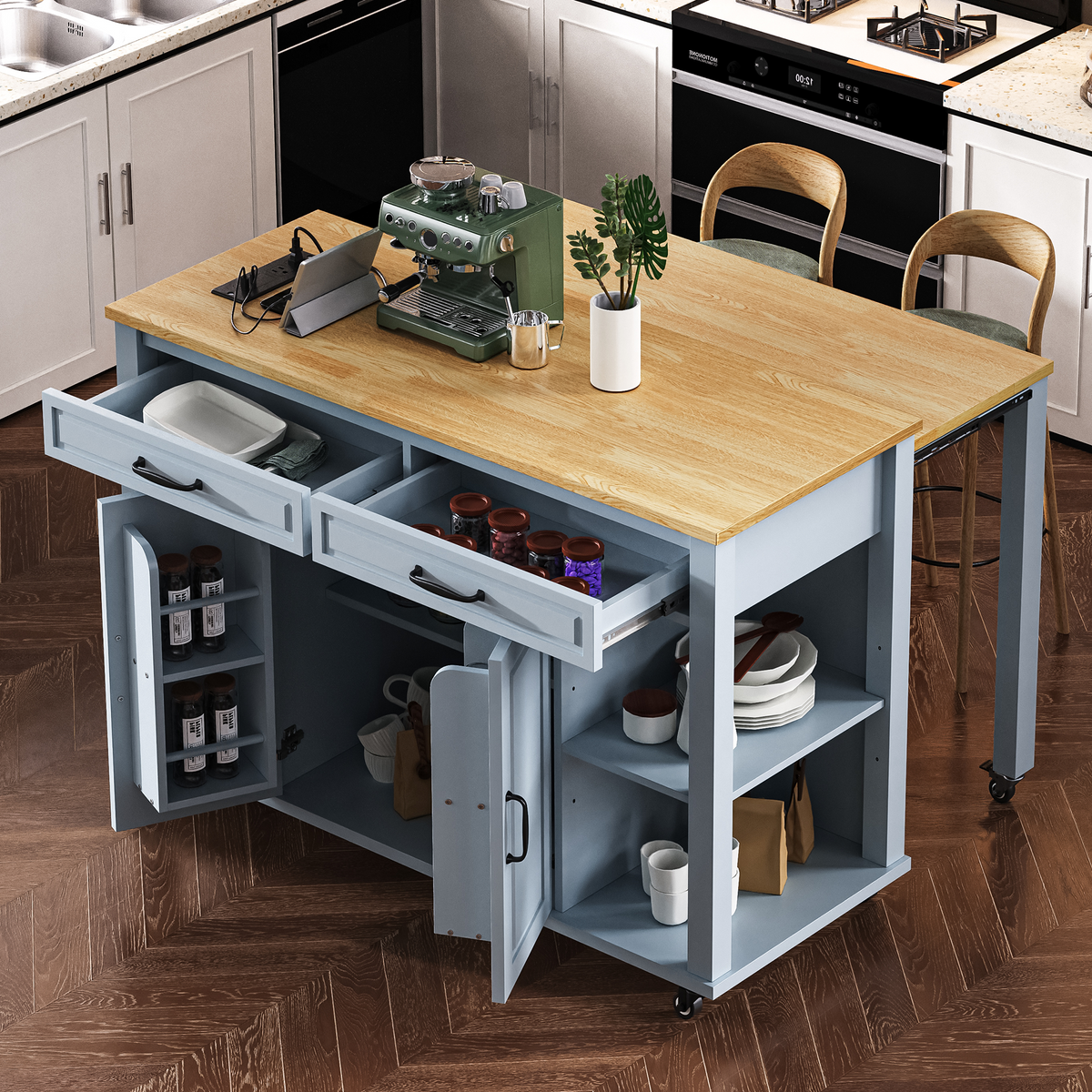 variant-group:rf-n707p215327g|Roomfitters 47" Kitchen Island with Extendable Dining Table, Storage Cabinet, Power Outlet, Rubber Wood Veneer, Grey Blue
