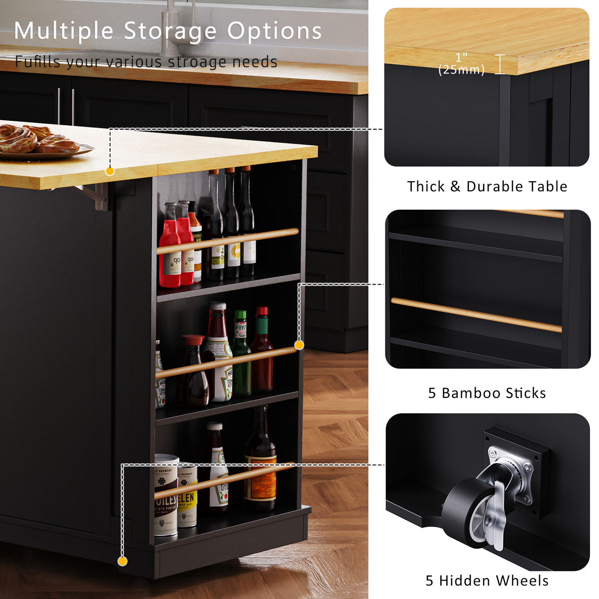 variant-group:rf-n707s003007b|Roomfitters 53" Kitchen Island with 2 Bar Stools, Drop Leaf, Power Outlet, Rolling Kitchen Cart Set with Storage, Black