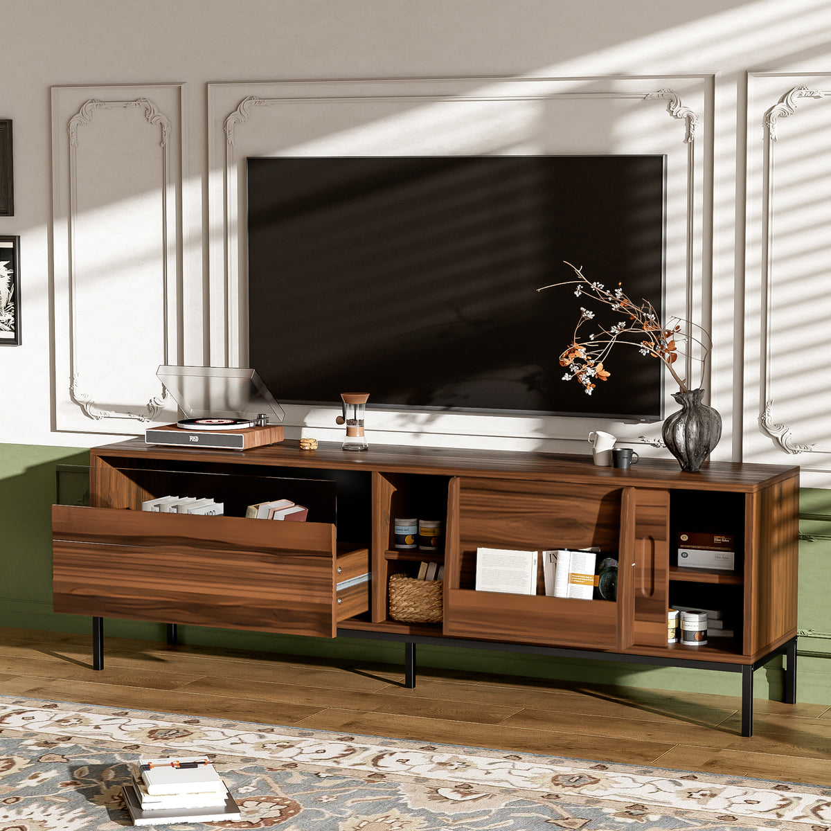 variant-group:rf-n724p360370d|Roomfitters Mid-Century Modern 70" TV Stand Console with Sliding Doors, Brown