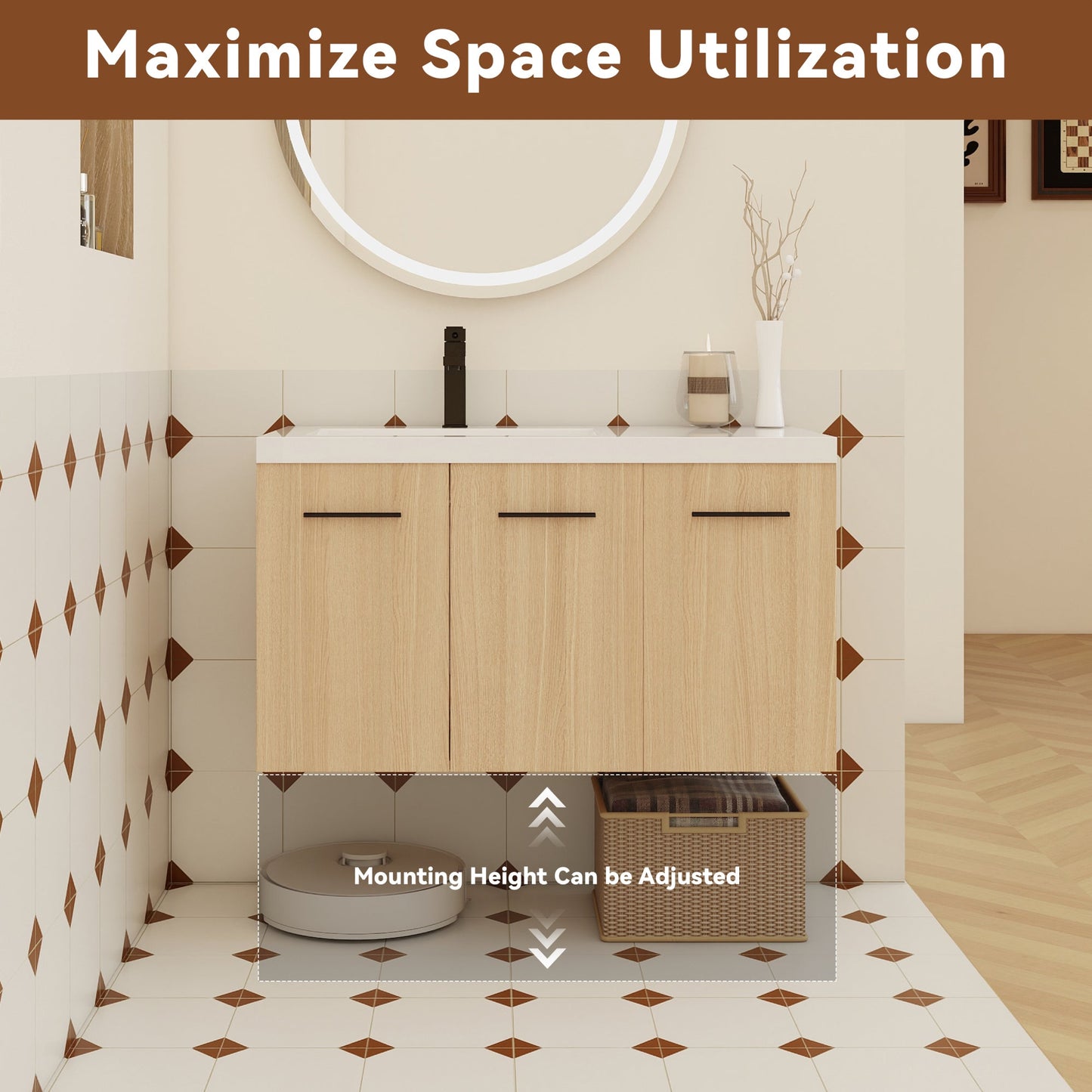 36" Wall-Mounted Floating Bathroom Vanity with Sink, Light Oak, 3-Door Modular Cabinet (2-Door + 1-Door), Gel Coat Integrated Sink Top, 3 Boxes, Ready-to-Assemble Roomfitters