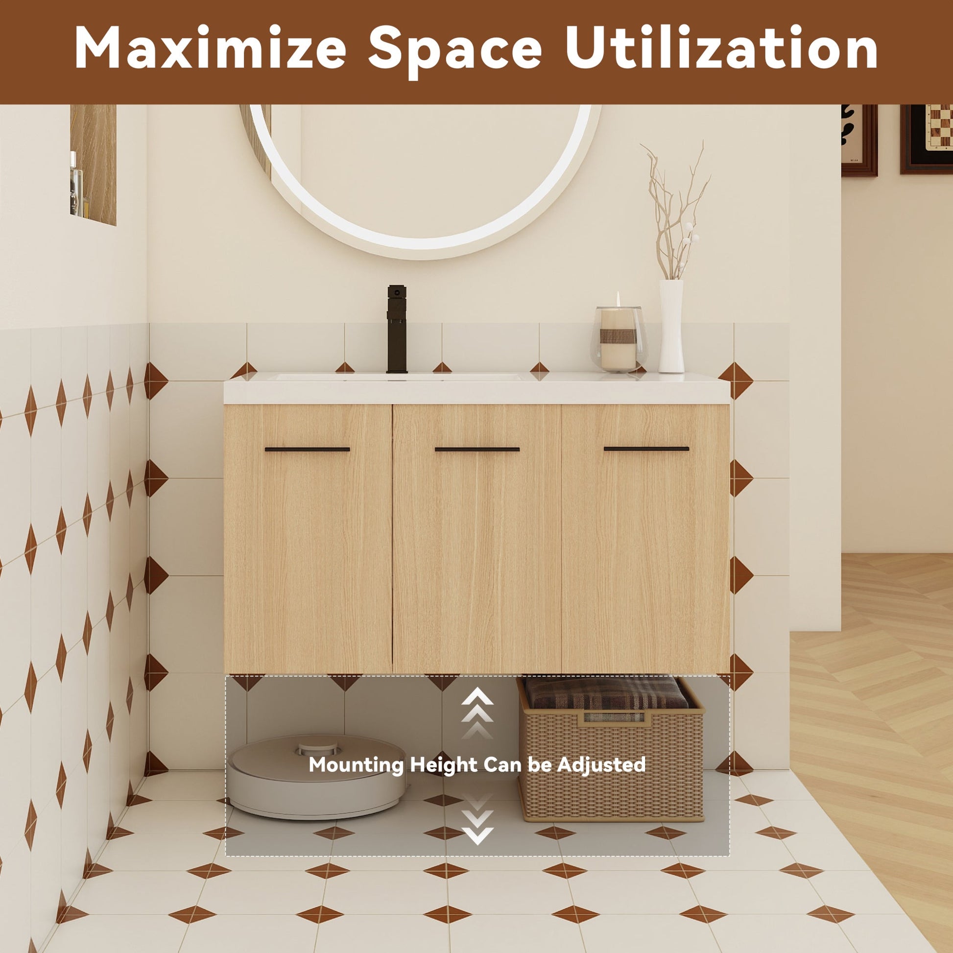 36" Wall-Mounted Floating Bathroom Vanity with Sink, Light Oak, 3-Door Modular Cabinet (2-Door + 1-Door), Gel Coat Integrated Sink Top, 3 Boxes, Ready-to-Assemble Roomfitters