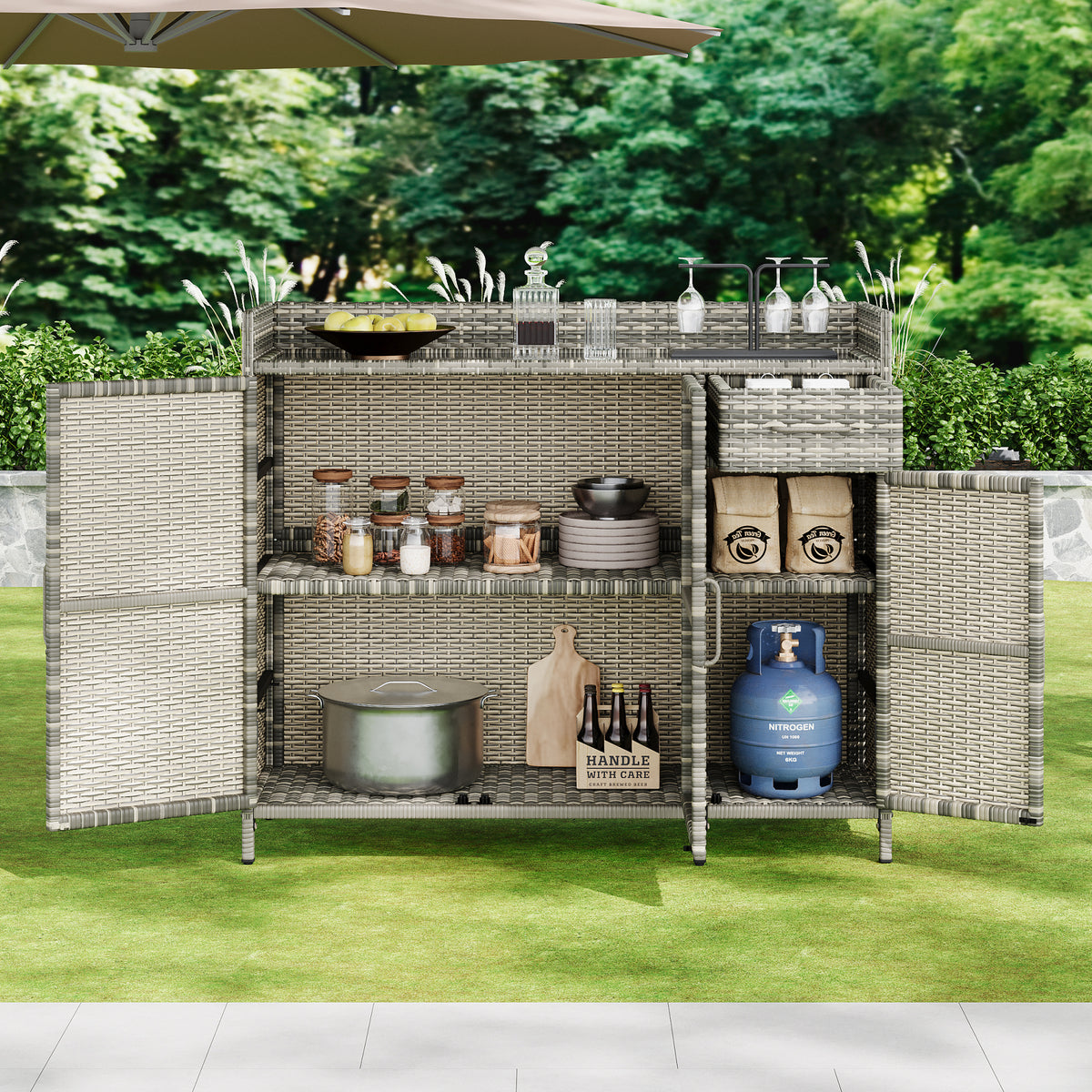 variant-group:rf-n707p233745g|Roomfitters 47.5" Wicker Outdoor Storage Cabinet, Rattan Bar Table with Glass Top, Adjustable Shelf, 3 Doors, Grey