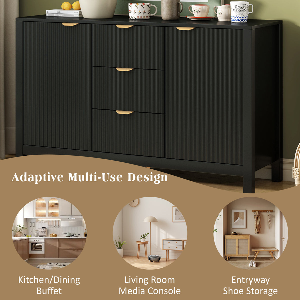 variant-group:rf-n711p269066b|Roomfitters Sideboard Buffet Cabinet with 3 Drawers, Mid-century Modern Fluted Accent Storage for Kitchen & Dining, Black